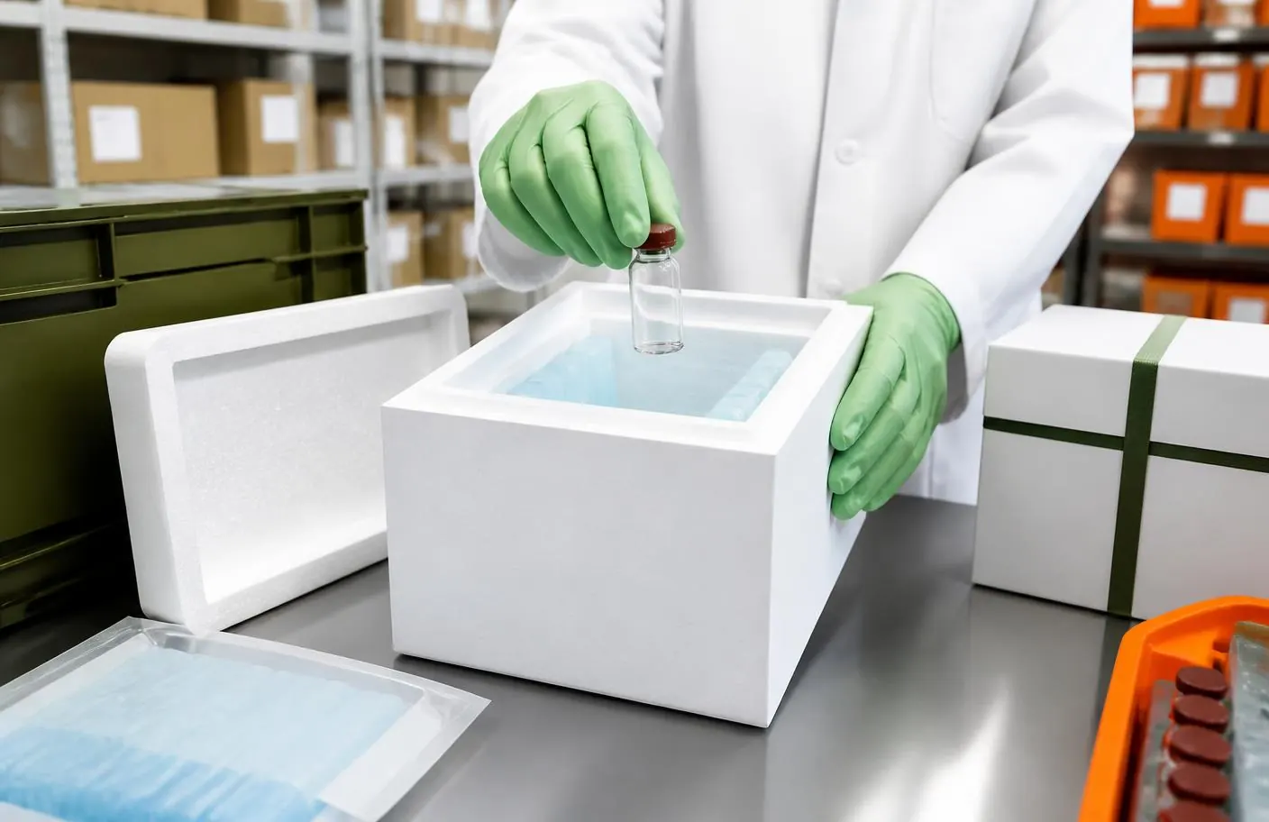 Profissional de luvas acondicionando frasco refrigerado em caixa térmica com gelo reciclável